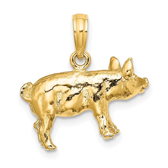 14k Yellow Gold 3-D Textured Farm Farm Animal Pig Piglet Necklace Charm Pendant - Picture 4 of 5